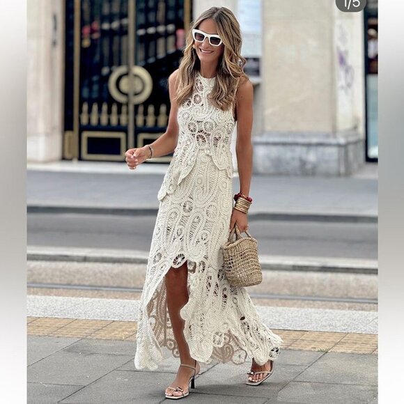 Zara Skirt Sz Large Straw Ivory Crochet Asymmetrical Midi Bohemian Chic - Picture 1 of 10